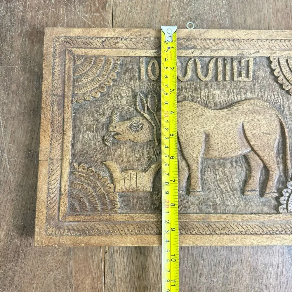Vintage Hand carved Rhino plaque sign with‎ script writing Ethnic decor